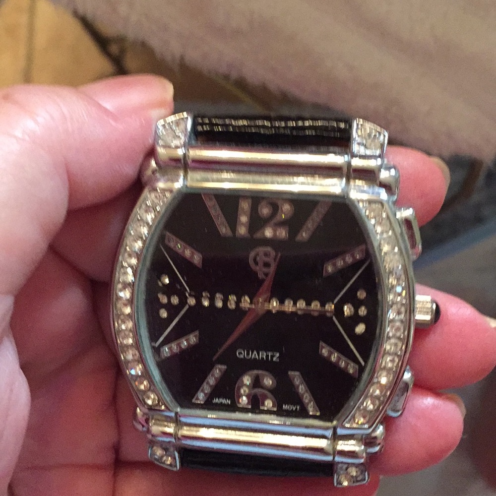 Black Leather Quartz watch with diamond simulants